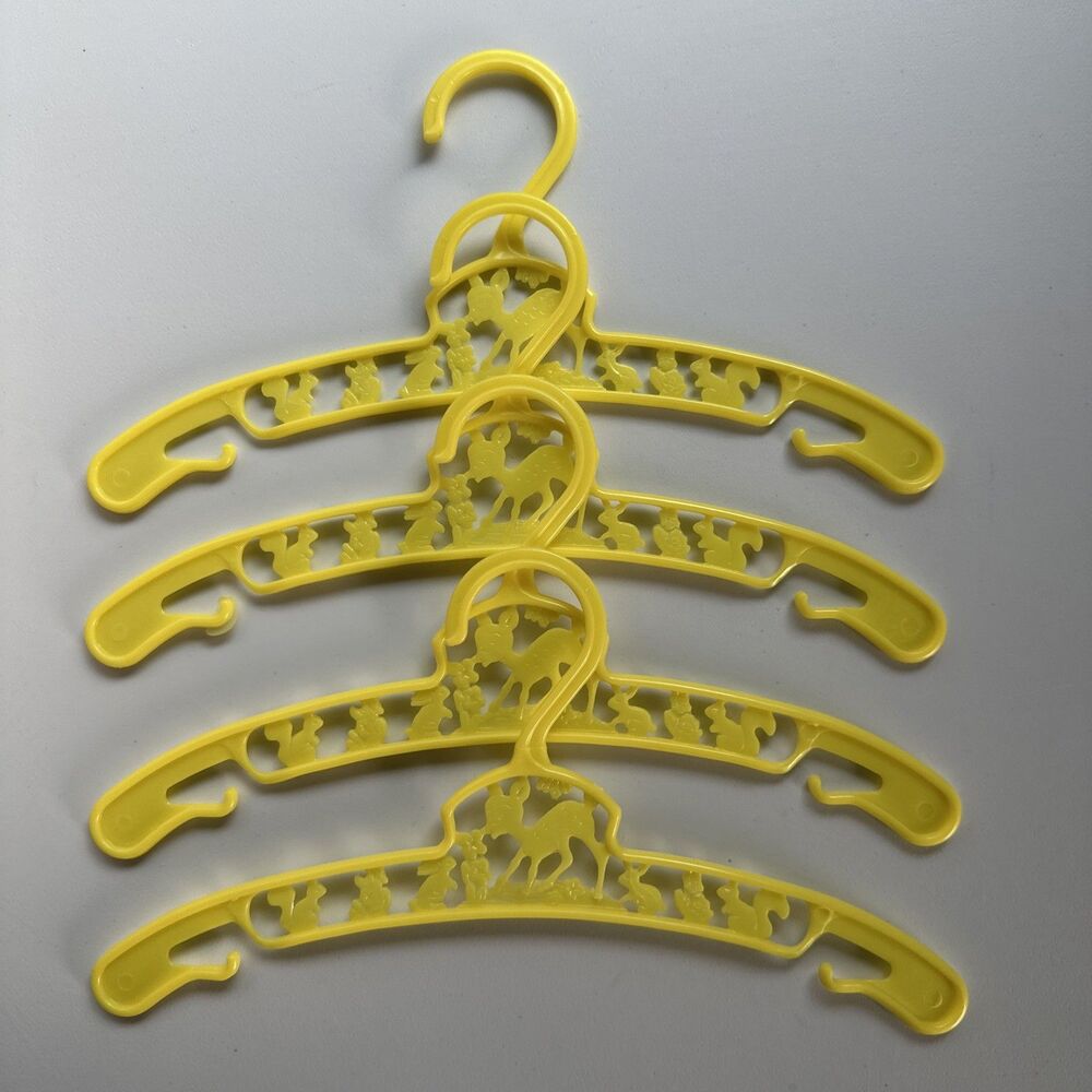 4 Vintage Baby World USA Plastic Yellow Clothes Hangers - Bambi & Forest Friends